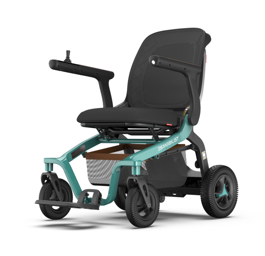 Robooter E40 electric wheelchair front-left view, showcasing compact frame and ergonomic design