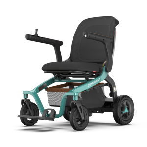 Robooter E40 electric wheelchair front-left view, showcasing compact frame and ergonomic design