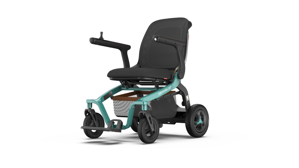 Robooter E40 electric wheelchair front-left view, showcasing compact frame and ergonomic design