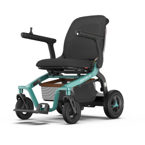 Robooter E40 electric wheelchair front-left view, showcasing compact frame and ergonomic design