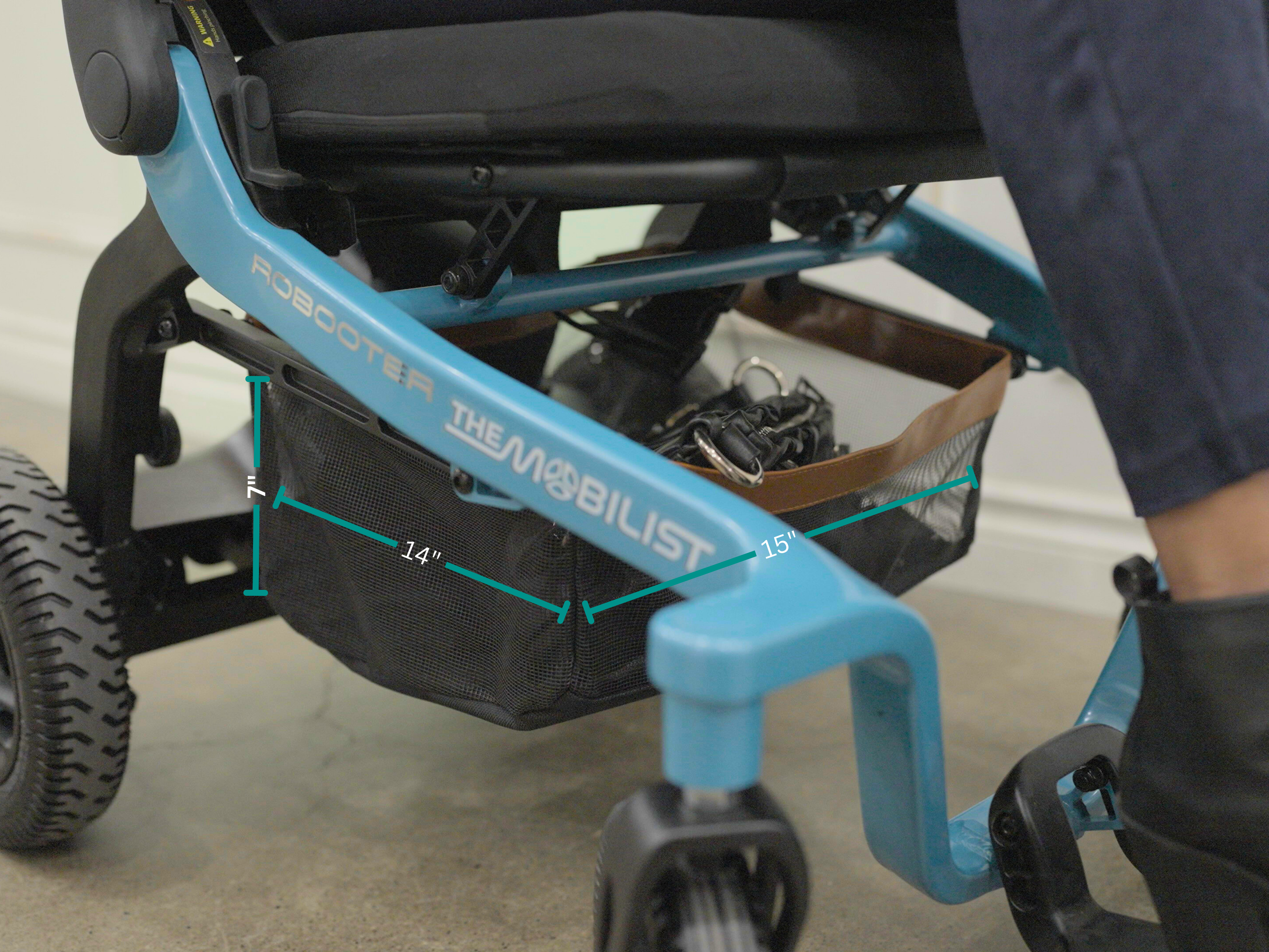 Under-seat storage bag for Robooter E40 electric wheelchair, providing convenient extra space for daily essentials