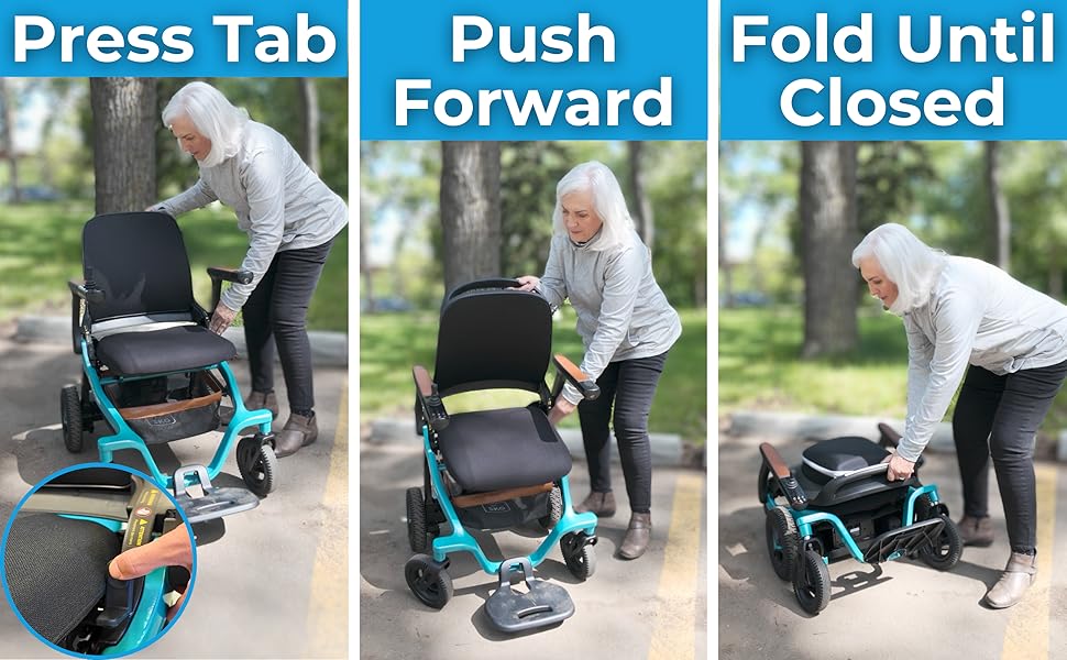 Robooter E40 electric wheelchair 2-step folding process, showing press tab, push forward, and fold until closed steps for easy storage