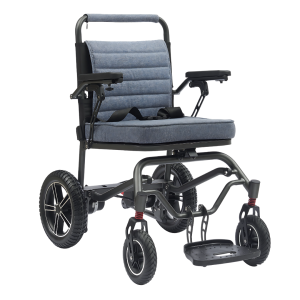 Front view of the SureGo Electric Wheelchair featuring a foldable frame, cushioned blue seat, and sturdy all-terrain wheels.